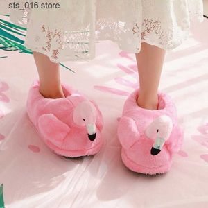 Mode huis ins dames bont slippers winter warme pluche grils slaapkamer schoenen schattige cartoon flamingo roze glijbanen o