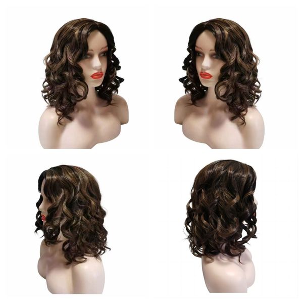 Fashion Human Hair Wig Fomen Femmes 16 pouces Brun de profondeur Glam Curl Vave espagnole Grace Wave Brown Deep Brown Brésilien Brésilien Wig frontal Wig Synthetic Drag Queen Wet Wavy