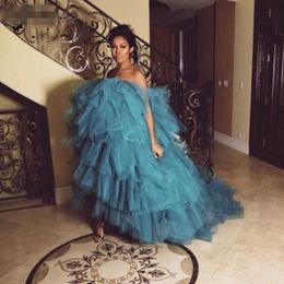 Mode Hunter Blue Long Tulle Prom Dresses Off The Shoulder Plus Size Tiered Ruches Formal Party Jurken Avondjurken Vestidos Longo