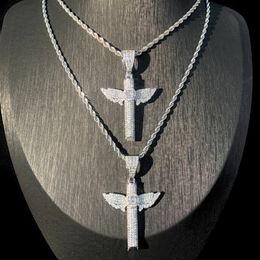 Mode Iced Bling 5a Cubic Zirconia Wing Cross Necklace Pendant Setting Cz voor mannen vrouwen zilveren kleur hiphop sieraden