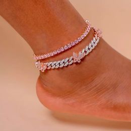 Fashion Iced Out Miami Cuban Chain Foot Leg Bijoux Sparking Bling Rose Cz Butterfly Charmdle pour femmes 240408