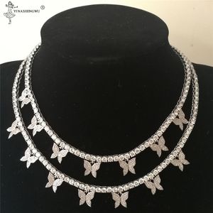 Mode Iced Out Seven Butterflys Choker Hanger Mannen Ketting Zilveren Kleur met 4mm Tennis Ketting Hip Hop Sieraden voor Dames X0509