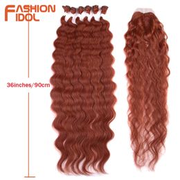 FASHION IDOL Bundles de cheveux de vague de corps avec fermeture Trame de cheveux synthétiques 36 pouces 7pcs / Pack 320g Bundles de tissage de cheveux blonds ombrés 220622