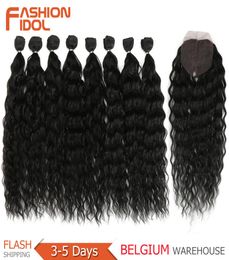 FASHION IDOL paquets de cheveux ondulés avec fermeture cheveux synthétiques Ombre Blonde cheveux gris argenté 9PcsPack 20 pouces fibre Q11289090900