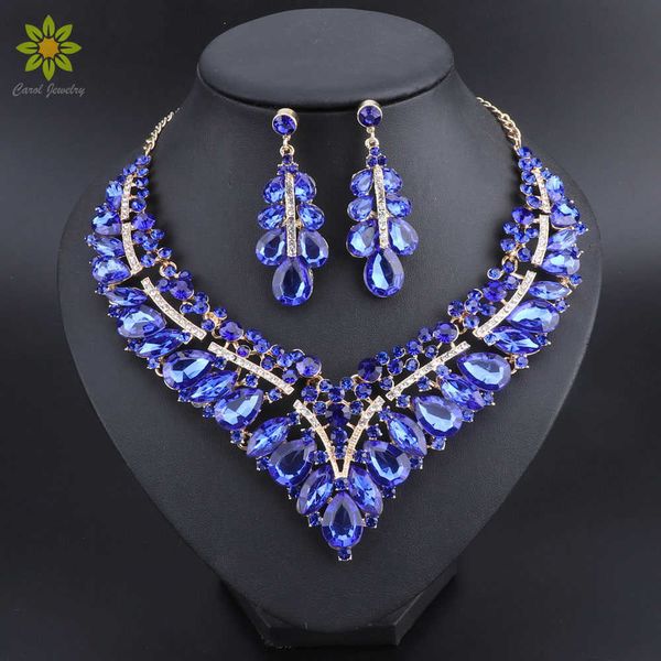 Mode indien bleu strass ensembles de bijoux de mariage pour les mariées collier de mariée boucles d'oreilles ensemble Costume de fête décoration pour les femmes H1022