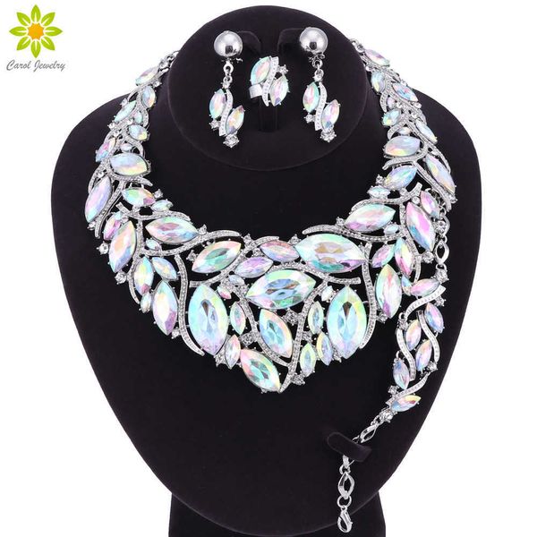 Mode indien cristal collier boucles d'oreilles Bracelet anneau ensembles de bijoux de mariée pour les mariées fête accessoires de mariage décoration H1022