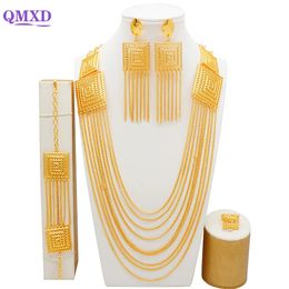 Fashion Indian Dubai Gold Color Tassel sieraden Set voor vrouwen Bridal Long Necklace Nigeriaanse choker trouwsets 240506