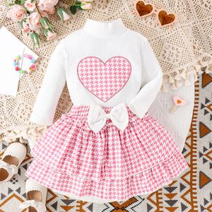 Mode Baby Baby Meisje Herfst Lange Mouw Hals Gebreide Trui Houndstooth Patroon Ruches ALine Rok Peuter 2 Stuks Set 240127