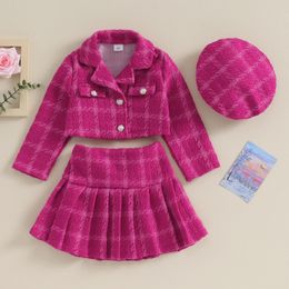 Moda infantil niñas 3 piezas prendas de vestir exteriores causal manga larga botón abrigo plisado falda a cuadros sombrero conjunto de ropa para niños 4-7 años 240307