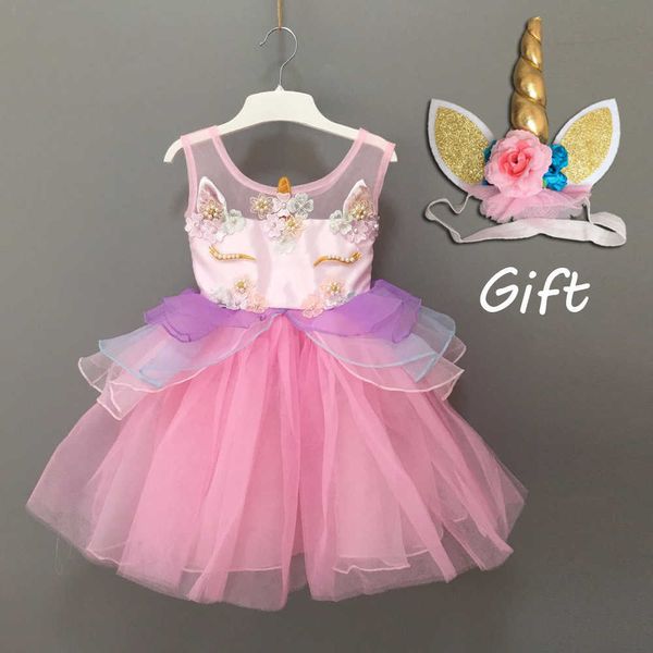 Moda infantil niñas pequeñas vestido de encaje unicornio fiesta encantador bebé niños flor bordado vestido de bola cosplay disfraz 210529