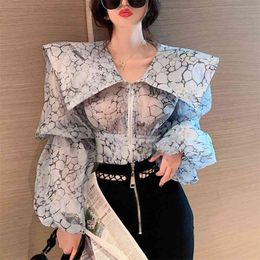 Mode INS Blusas Vintage Blouse Femmes Crop Top Chemises À Manches Longues Grand Revers Chic Automne Femelle Design Blouses 210514