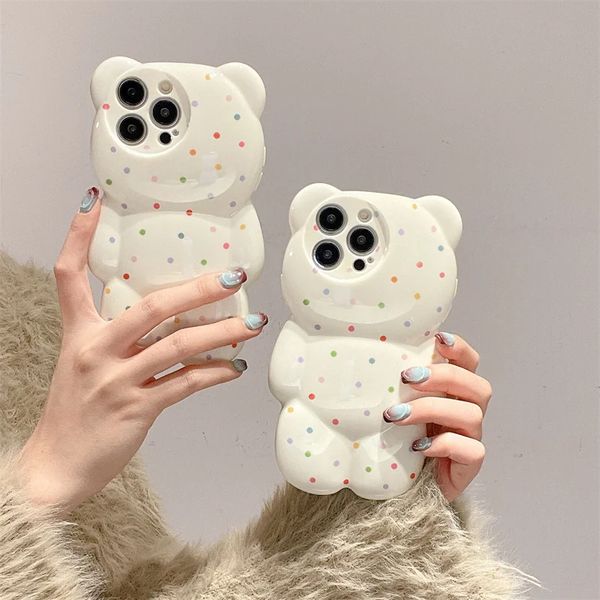 Funda de puntos de Color de oso de dibujos animados 3D Ins para iPhone 15, 14, 13, 12Pro Max, funda trasera suave a prueba de golpes con Animal encantador