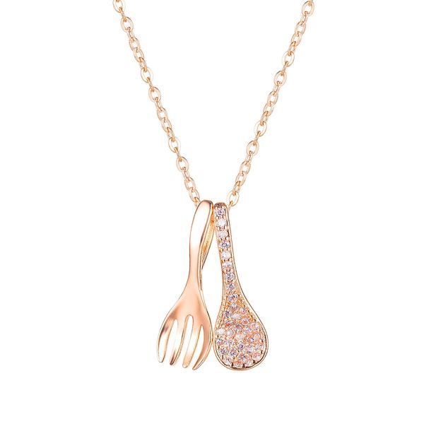 Mode ins design élégant en acier inoxydable drôle unique diamant cuillère fourchette pendentif collier pour femmes filles or rose