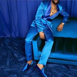 Mode Italien Argent Hommes Costumes Satin Slim Fit Bleu Royal Brillant Marié Robe De Mariée Smoking Sur Mesure Blazer Pantalon Ensemble 240307