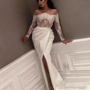 Mode ivoor schede avondjurken lange mouwen boot nek Dubai Saoedi-Arabische prom jurk avondkleding kaftan sexy kant split feestjurken