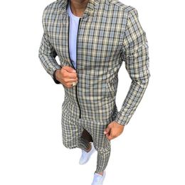 Moda jaquetas dos homens conjuntos de treino colorido xadrez casual conjunto com zíper outono topos calças moletom masculino pocket226y