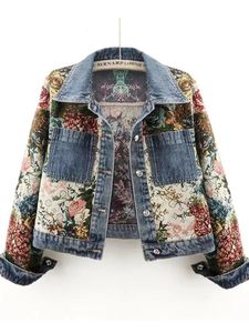Mode Jacquard Floral Borduurwerk Denim Jacket Dames Slim Korte Cowboy Outerwear Streetwear Big Pocket Crashed Jeans Coat 240423