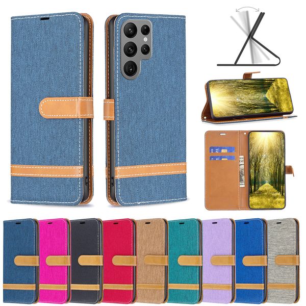 Étuis de portefeuille en cuir hybride de mode Jean pour Samsung Galaxy S23 Plus Ultra A14 5G A23E A04 4G S22 A13 Note 20 Tissu de luxe Hit Color Flip Cover Card ID Slot Holder Pouch