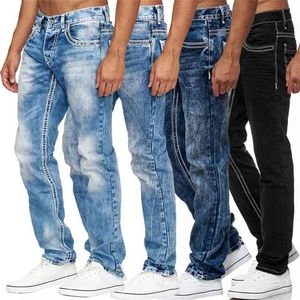 Moda Jeans Hombres Cintura Alta Flaco Mens Denim Boyfriend Pantalones Primavera Otoño Recto Biker Negro Azul Pantalones Jean 210716