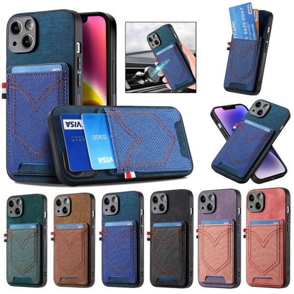 Étui de téléphone magnétique de conception de poche de jean de mode pour iPhone 11 12 13 14 15 Pro XR X XS Max 7 8 Plus cartes de Protection d'objectif d'appareil photo fente couverture arrière