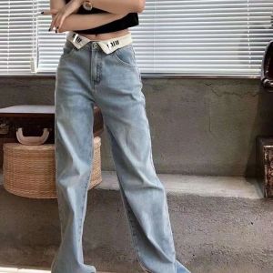 mode jeans dames designer broek dames witte revers letter ontwerp broek met rechte pijpen casual losse slanke eenvoudige gewassen broek met wijde pijpen