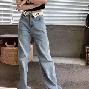 Pantalones vaqueros de moda para mujer pantalones de diseñador para mujer diseño de letras de solapa blanca pantalones de pierna recta casual sueltos delgados pantalones de pierna ancha lavados simples