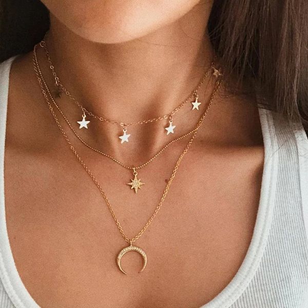 Joyería de moda, gargantilla de Luna y estrella de 3 capas, collar con colgante, bonito regalo para mujeres y niñas