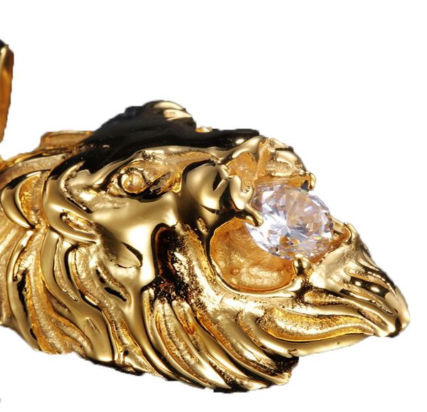 Bijoux de mode 316L en acier inoxydable 18 carats Gold Plated Lion Head Biker Pendants Charmes avec cristaux blancs chaîne de corde en pierre8221558