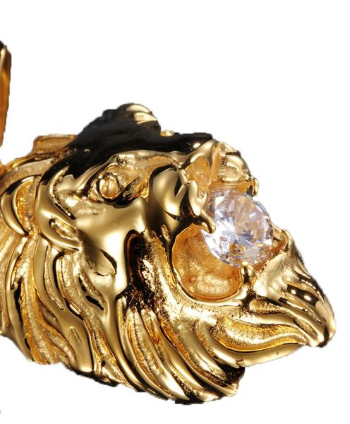 Bijoux de mode 316L en acier inoxydable 18 carats Gold Plated Lion Head Biker Pendants Charmes avec cristaux blancs Chaîne de corde en pierre 5341153