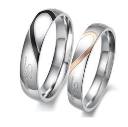 Bijoux fantaisie en acier inoxydable 316L argent demi-coeur simple cercle véritable amour couple bague de mariage bagues de fiançailles Valentin5190012