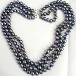 bijoux de mode 3 rangées 7-8mm collier d'eau douce de perles noires 17-19 pouces