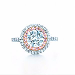 Mode-sieraden 925 Sterling Zilveren Ring Ronde Cut 2ct Sona Diamond Pink 2 Surround Pave Setting Cz Wedding band Ringen Voor Vrouwen