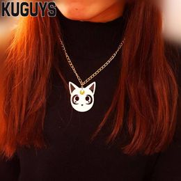 Joyería de moda, collar con colgante de cabeza de gato blanco y negro bonito de acrílico para mujer, chaiA2453 largo dorado