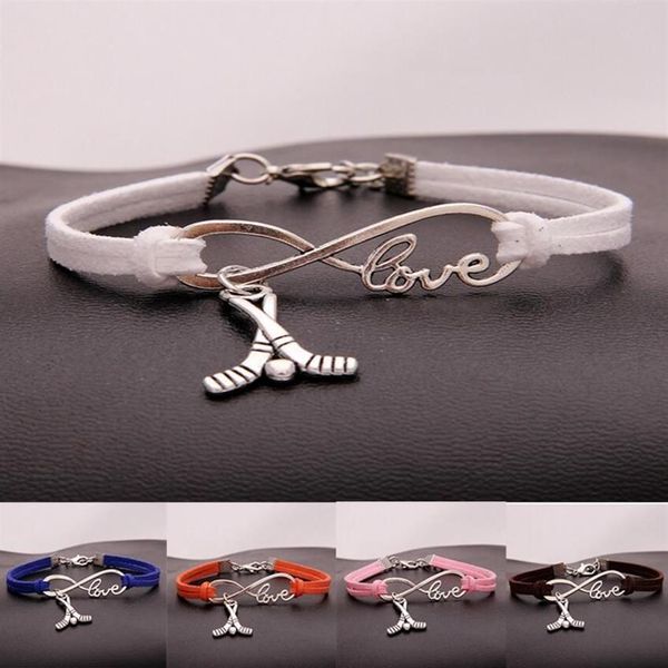 Joyería de moda Plata antigua Hockey Deporte colgante Pulsera Pulsera con dijes Joyería Cuerda de terciopelo mezclada Infinito Amor 8 Brazalete -212Q