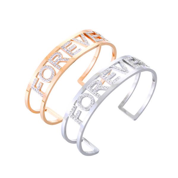 Bracelets de bijoux de mode pour femmes cristal coloré pour toujours lettres en acier inoxydable bracelets de manchette ouverts 2020 nouveau Q0717