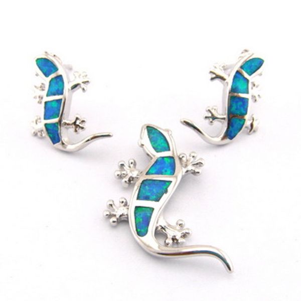 Ensemble pendentif et boucles d'oreilles bleu, bijoux fantaisie, opale de feu mexicaine