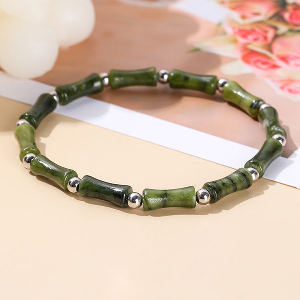 Joyería de moda Bohemia oliva jade bambú tubo cuentas piedra pulsera Boho estiramiento piedras preciosas pulseras elásticas para mujeres al por mayor