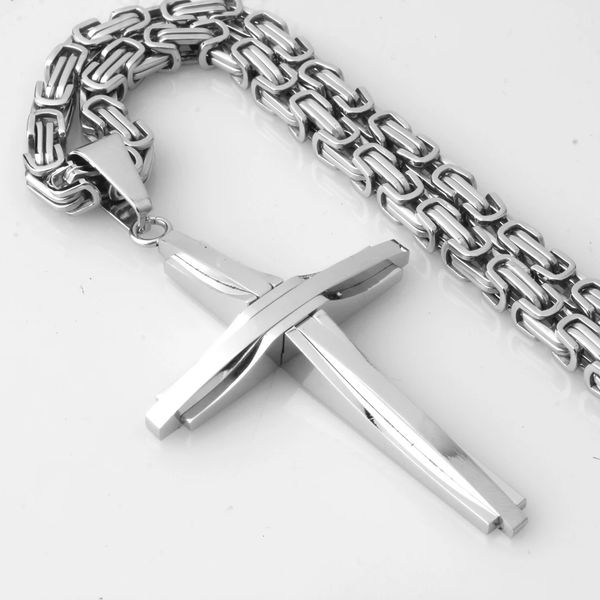 Bijoux de mode Design Lisse Croix Pendentif Collier Chaîne Pour Hommes En Acier Inoxydable Lien Byzantin Noir Or Argent Couleur 240311