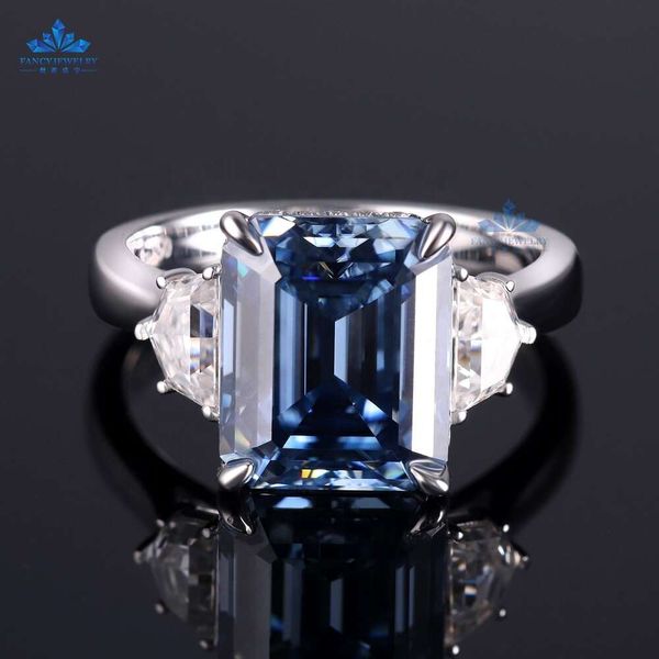 Bagues de fiançailles en diamant pour femmes, bijoux à la mode, or, taille émeraude, 5 carats, Center 3 pierres, bague Moissanite bleue