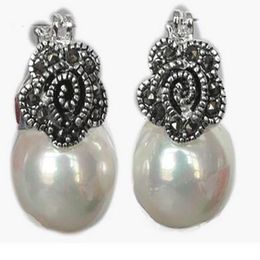 Mode sieraden dame's 12 mm witte schaal parelbloem marcasiet 925 zilveren oorbellen