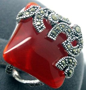 Bijoux fantaisie Marcassite Jade rouge Bague en argent sterling 925 Taille Us 7/8/9