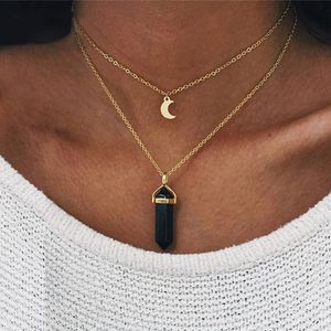 Mode-sieraden Natuurlijke Zwart Wit Steen Choker Ketting Dames Gouden Kleur Maan Crescent Hanger Multi-Layer Ketting