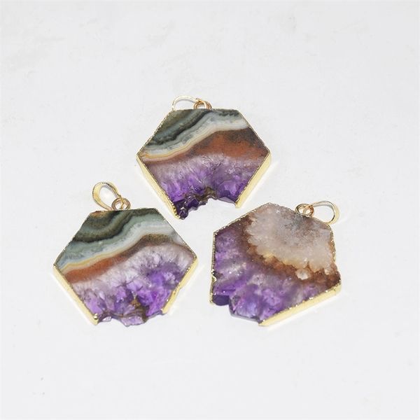 Modeschmuck Natürliche Scheibe Lila Kristall Quarz Halskette Anhänger männlich Rohplatte Geode Druzy Amethysten Stein Anhänger Frauen 201014