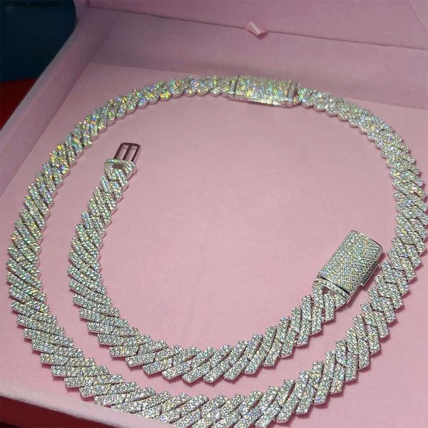 Bijoux de mode collier bracelet passe diamant hip hop bijoux vvs pierre brillant 2 rangées femmes 14mm 925 collier en argent sterling moissanite maillon de chaîne cubaine