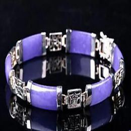 Mode -sieraden Nieuwe Hot Echte Purple Jade Gem Stone Link Sterling Silver Bracelet 7.5 "
