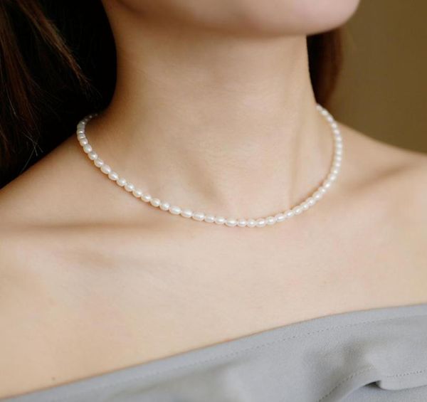 Bijoux fantaisie collier de perles pour femme fille collier plaqué or 56mm forme de riz collier de perles blanches cadeau de noël de mariage 16060062