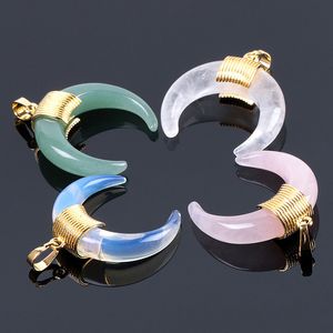 Mode-sieraden Hanger DIY Ketting Natuurlijke Crystal Agate Maansteen Koperdraad Semi-Wond Crescent Multi-Color Energy Gemstone Semi-Bronze Buckle Unisex