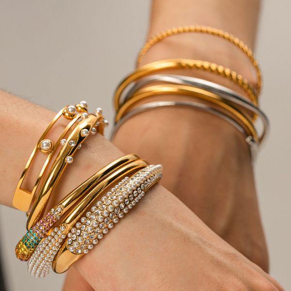 Joyería de moda PVD 18K chapado en oro Pulseras de puño de círculo abierto Pulseras de brazalete de acero inoxidable para mujer