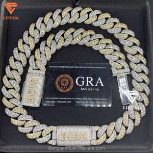 Mode-sieraden S925 20 mm Iced Out Vvs Moissanite Two Tone Plated Hiphop Cubaanse kettingsets accepteren aangepaste sluiting met letternaam