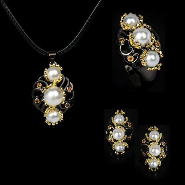 Ensemble de bijoux de mode pour femmes or noir trois pièces perle fleur bague collier boucle d'oreille bijoux de fête de mariage ensemble de mariée bijoux 240119